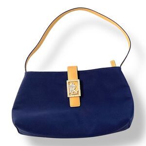 Lauren Ralph Lauren Navy Nylon Handbag Vintage 90s Vegan Leather accents